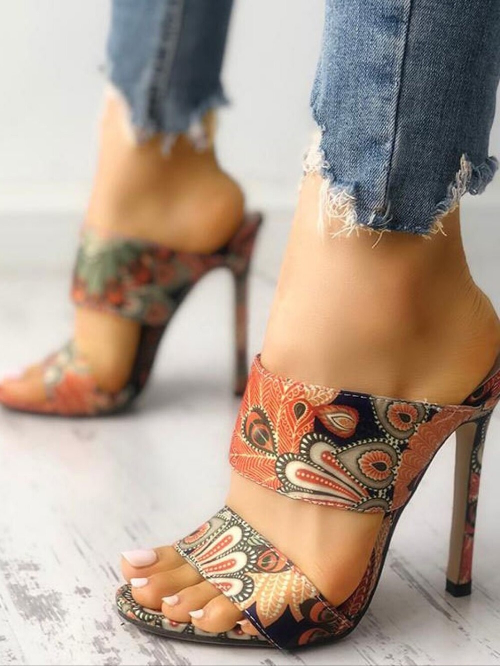 Women's Paisley Print High Heel Slide Sandals - Orange/ Blue/ Green Size EU 40